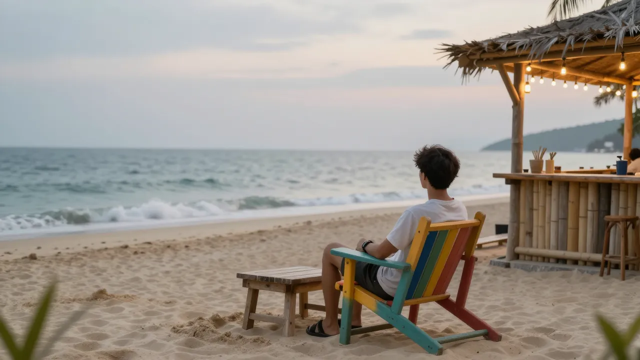 해변 의자에 앉아 바다를 보는 사람